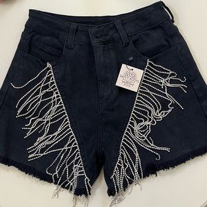 Black Denim Shorts w/ Diamond Fringe